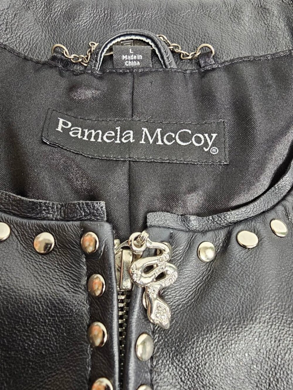 Pamela McCoy Black Studded Leather Jacket Size L — Snake Zipper Pull